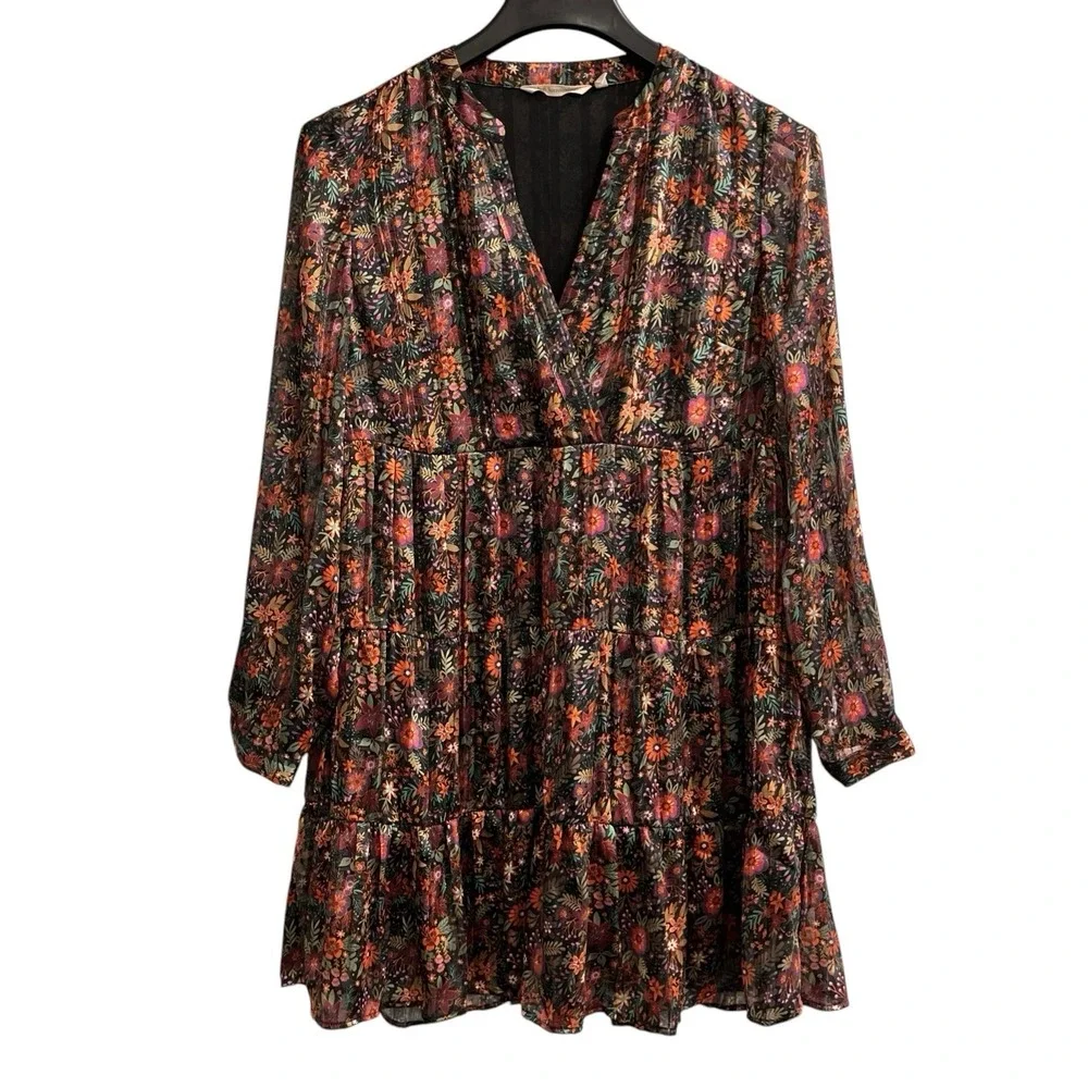 Soft Surroundings Dress Dark Floral Chiffon Tiered Mini Size S Boho Peasant - Picture 1 of 9